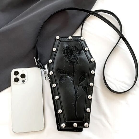 XMAS SALE Black Leather Goth Embroidered Rose Studded Coffin Purse - Picture 3 of 6